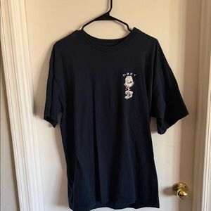 Obey Navy Tee with Small White and Red Chest Graphic